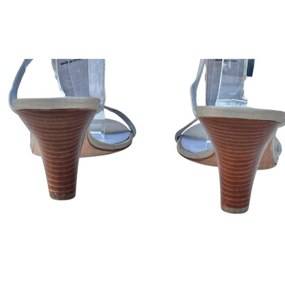 Johnston & Murphy Womens 10M Beige & White Sandals Heels Striped Elastic Straps - Picture 8 of 16